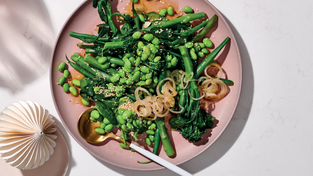 asparagus, broccoli salad on a pink plate for best green salad recipe