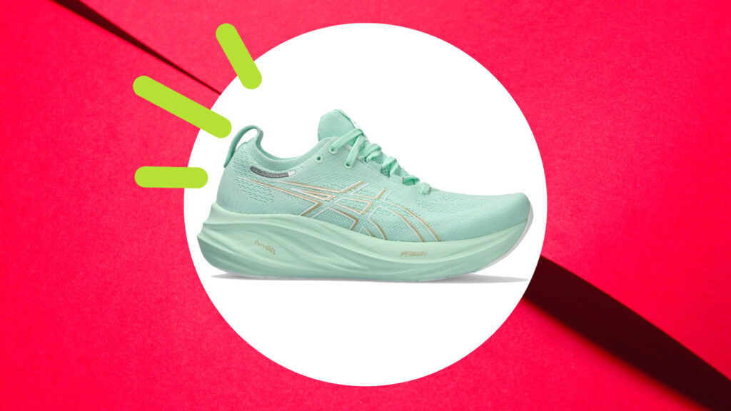 New Running Shoes From Asics on a white pink and green background