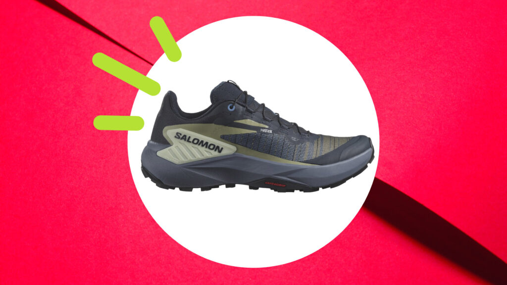 New Running Shoes From Salomon on a white pink and green background