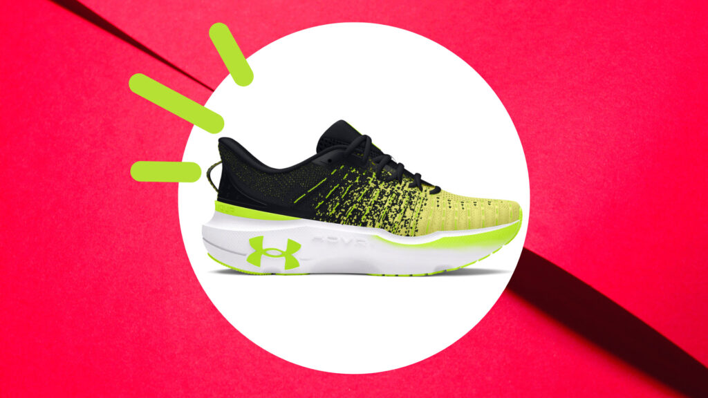 New Running Shoes From Under Armour on a white pink and green background