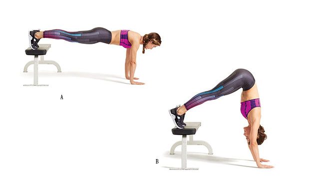 Reverse Inch Worm demonstrated by fitness model for bodyweight home workout