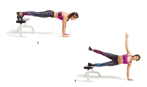 Travelling Plank With Leg Raise demonstrated by fitness model for bodyweight home workout