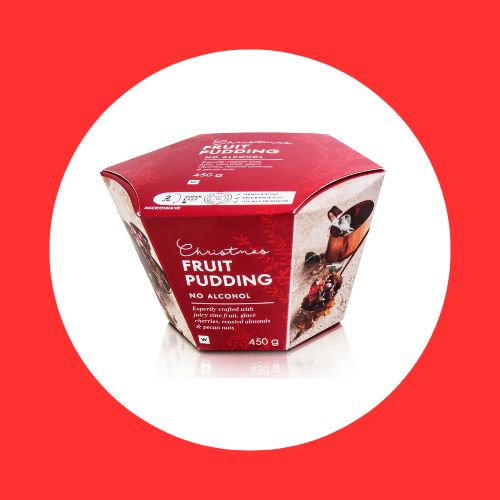 Christmas Fruit Pudding on white and red background
