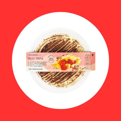 Fruit Trifle on white and red background
