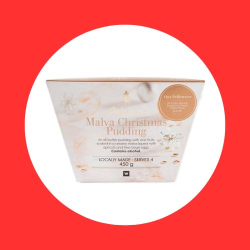 Malva Christmas Pudding on white and red background