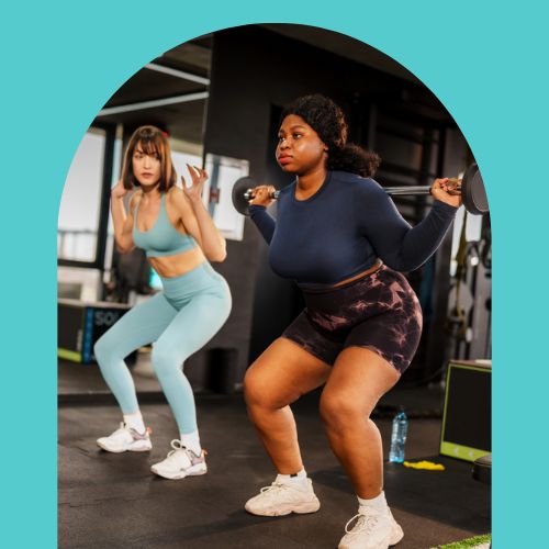 two women doing barbell squats for free beginner 10K running plan